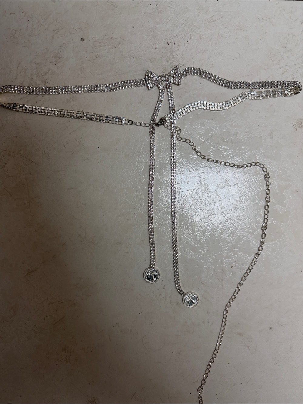Source Unknown Silver Rhinestone Bow Belt with Droplet Charms